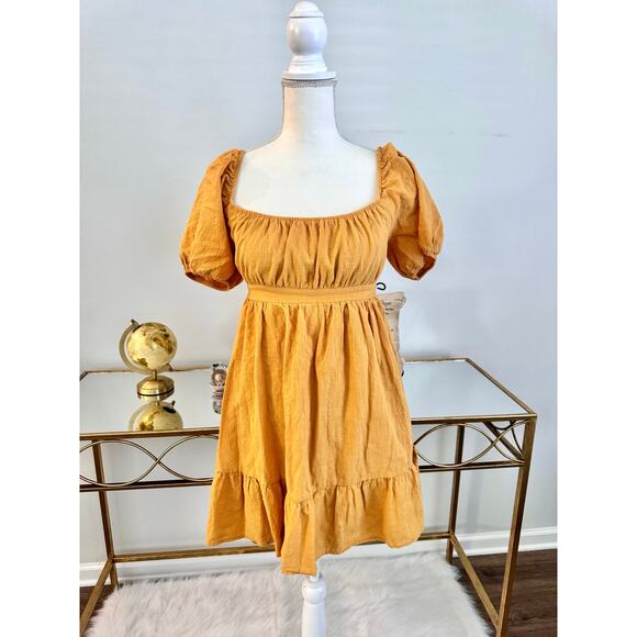 Hesperus Cotton Yellow Empire Waist Mini Dress Short Puff Sleeve Back Tie Medium - Picture 3 of 11